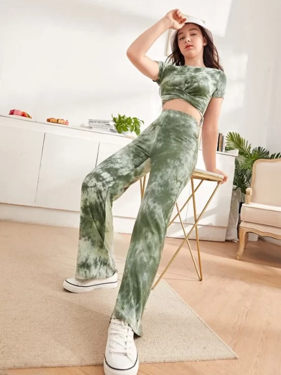 Teen Girls Tie Dye Cross Wrap Crop Top & Pants Set