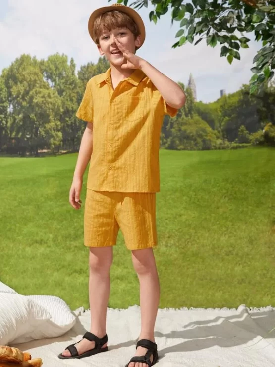 Boys Solid Pocket Button Front Patched Shirt & Shorts