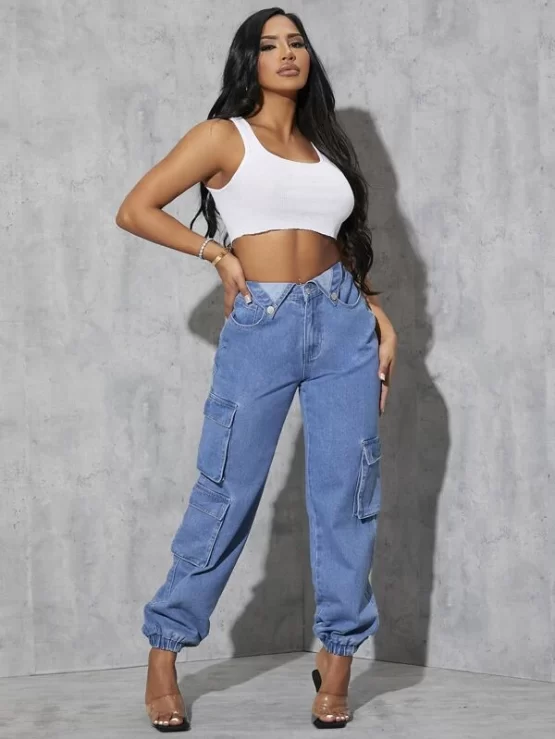 High Waist Zipper Fly Flap Cargo Pocket Jeans