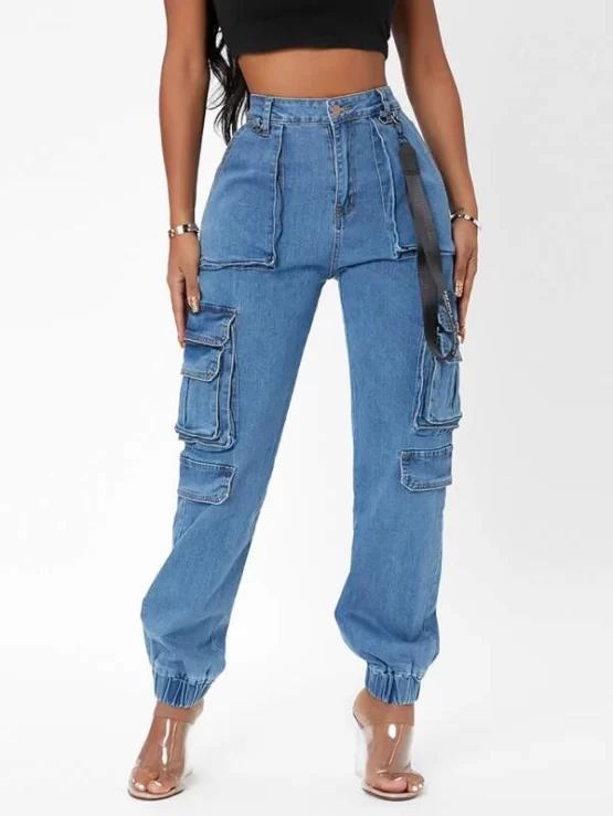 High Waisted Flap Tape Detail Cargo Pocket Jeans