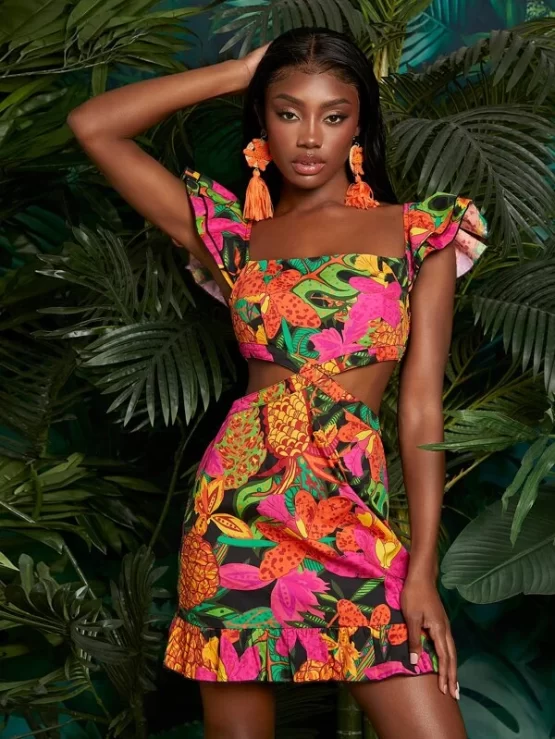 Floral Butterfly Ruffle Cut Out Sleeve Dress