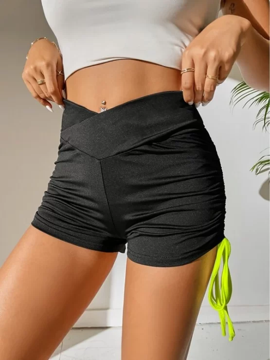 Asymmetrical Waist Ruched Drawstring Side Biker Shorts