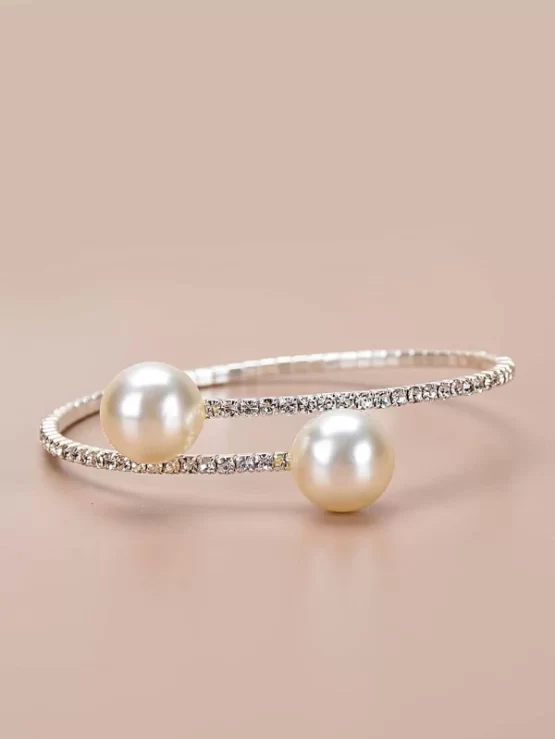 Faux Pearl Decor Rhinestone Cuff Bracelet