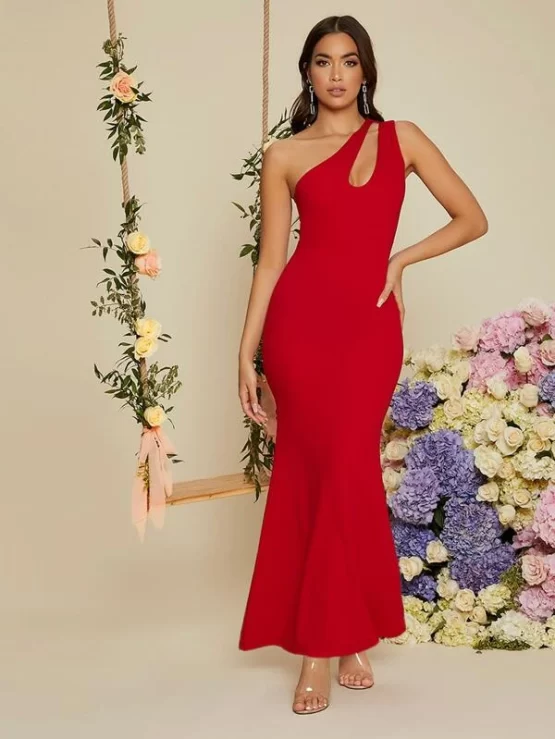 Glamorous One Shoulder Solid Mermaid Dress