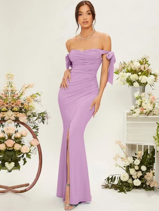 Off Shoulder Knot Side Ruched Wrap Bridesmaid Hem Dress