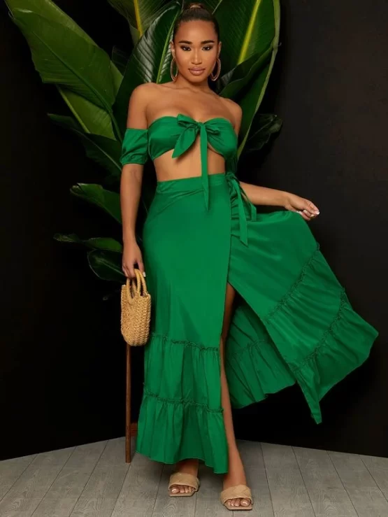 Off Shoulder Ruffle Hem Tie Front Top & Wrap Skirt