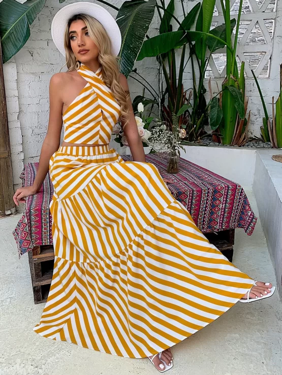 Striped Tie Backless Halter Top & Ruffle Hem Skirt