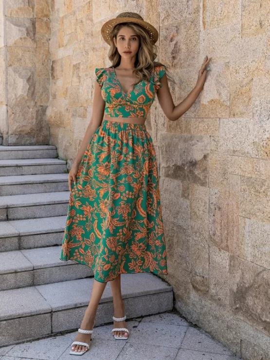 Floral Print Ruffle Sleeve Tie Back Crop Top & Skirt