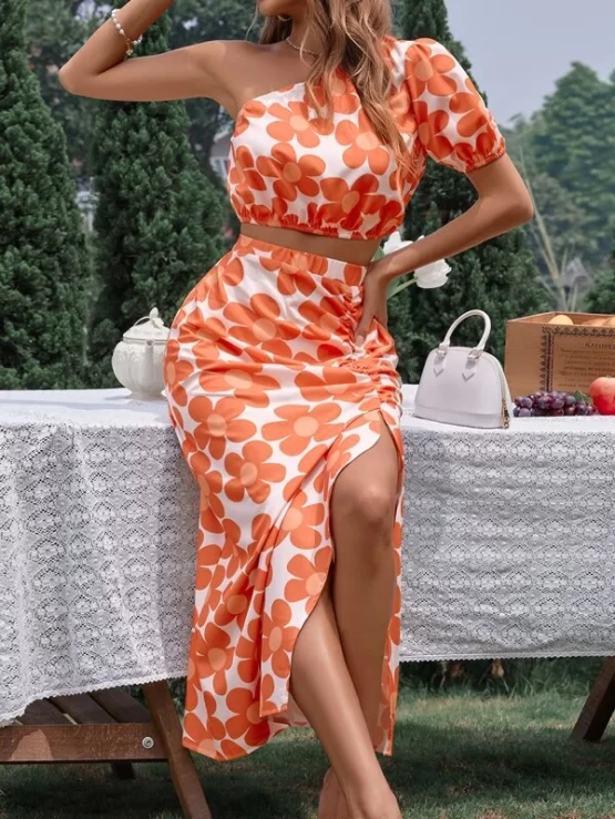 All Over Floral Print One Shoulder Puff Sleeve Crop Top With Ruched Split Hem Skirt