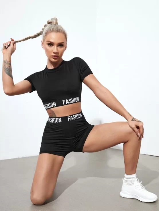 Letter Tape Crop Tee and Shorts Sports Set