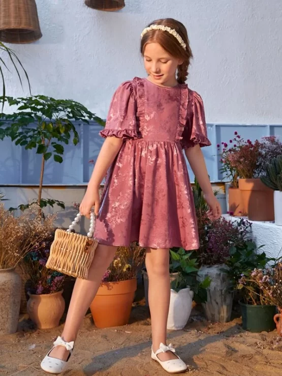Girls Floral Jacquard Ruffle Trim Puff Sleeve Dress