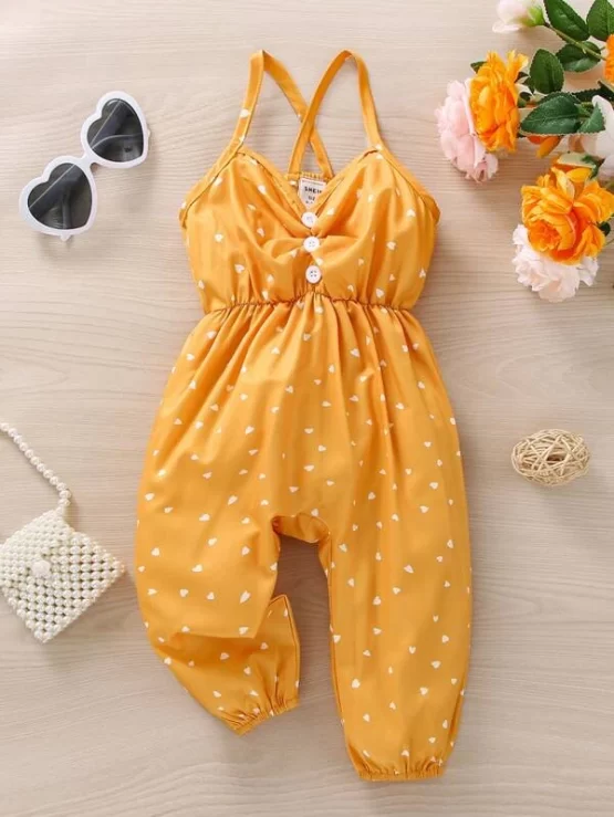 Baby Allover Heart Print Ruched Criss Cross Back Cami Jumpsuit