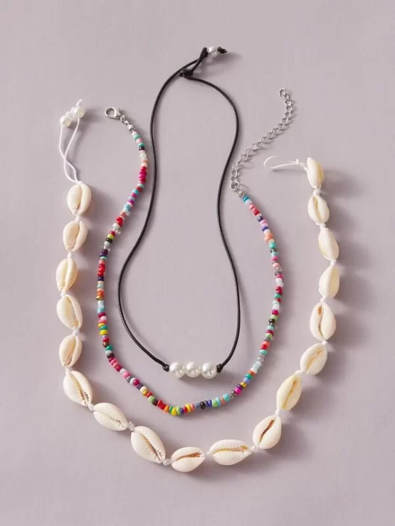 Three Pieces Pearls Shell & Bead Decor Necklace