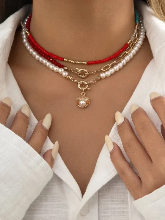 Three Pieces Faux Pearl Decor Shell Charm Necklace