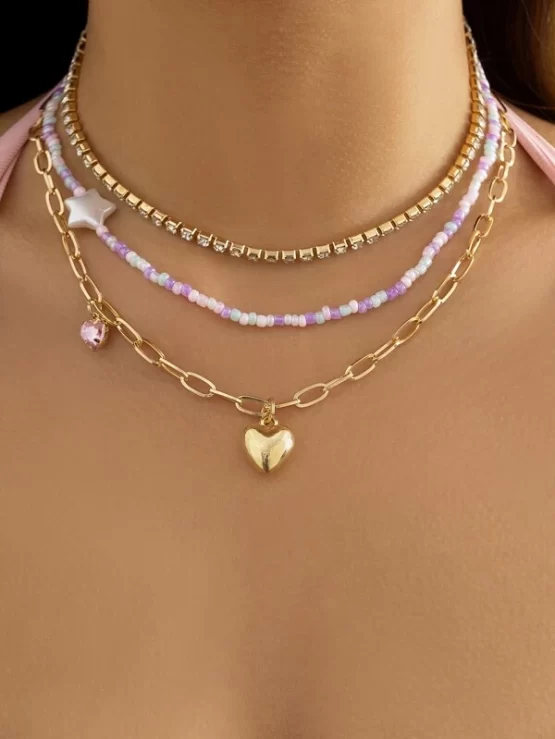 Three Pieces Rhinestone Decor Heart Pendant Necklace