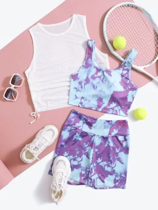 Three Pieces Tie Dye Drawstring Wide Waistband Sports Set