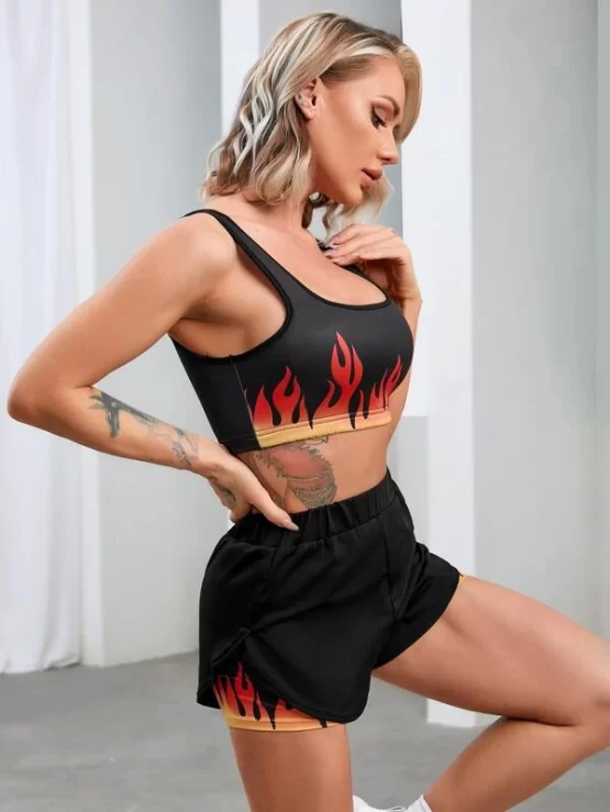 Fire Print Straps Shorts 2 In 1 Sports Set