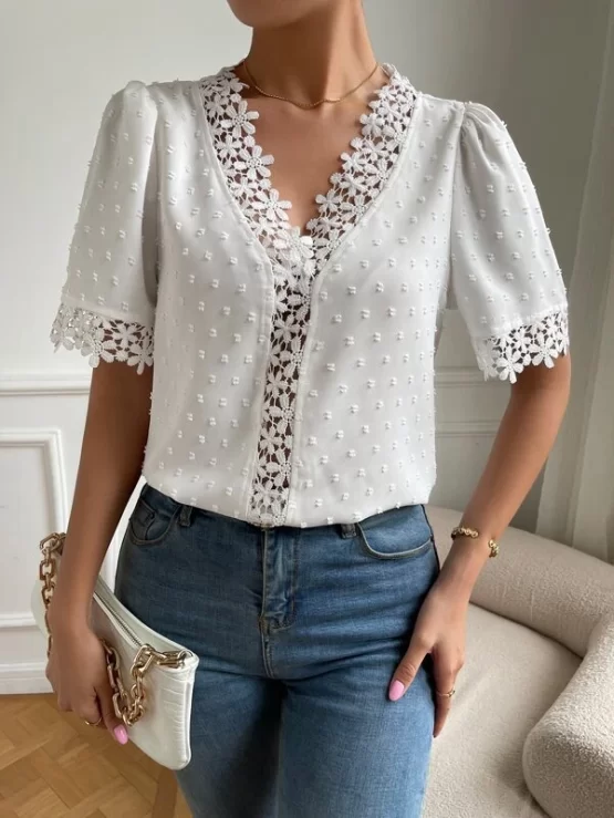 Swiss Dot Contrast Guipure Lace Puff Sleeve Blouse