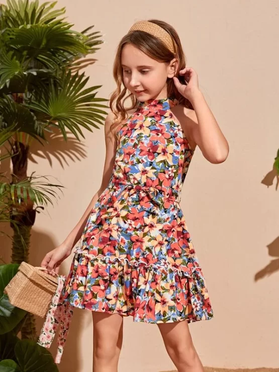 Girls Floral All Over Print Frill Ruffle Hem Trim Dress