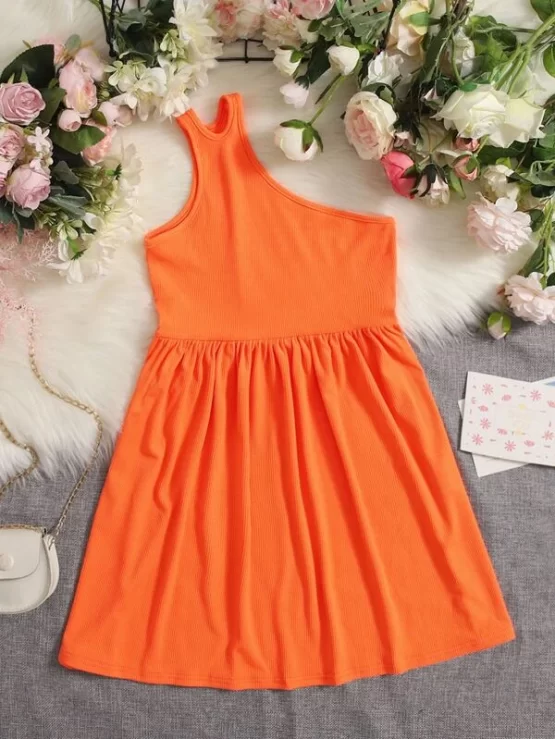 Girls A Line Ribbed Knit One Shoulder Dress