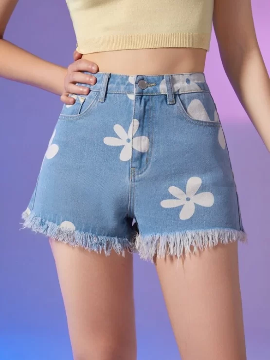 Teen Girls Floral Print Raw Hem Denim Shorts