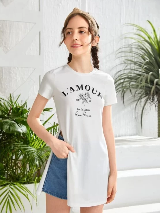 Teen Girls Slogan & Floral Print Split Side Front Tee