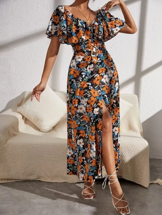 Floral All Over Print Ruffle Split Thigh Dress