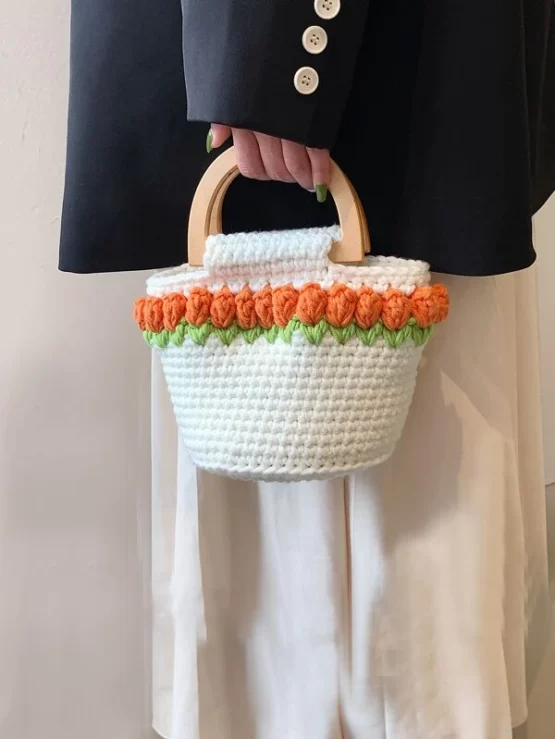 Flower Decor Crochet Double Handle Bag