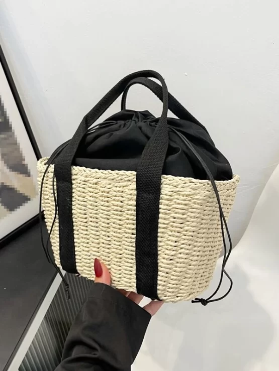 Two Tone Drawstring Design Straw Double Handle Bag