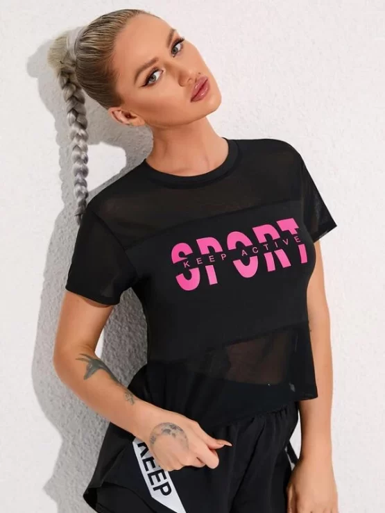 Slogan Graphic Letter Mesh Insert Sports Tee