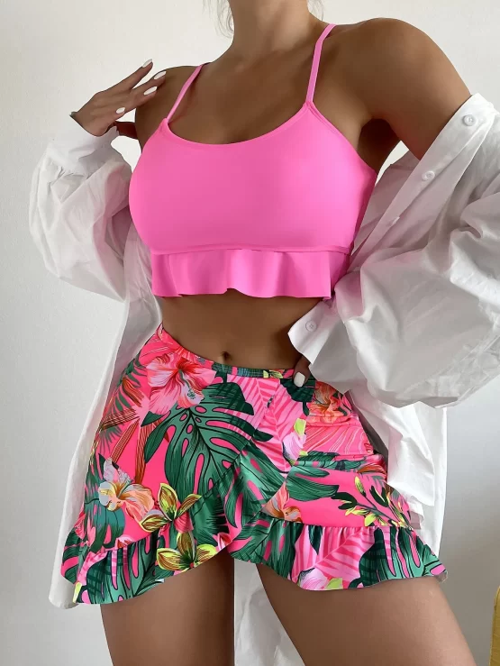Tropical Print Ruffle Trim Bikini Swimsuit With Beach Skirt