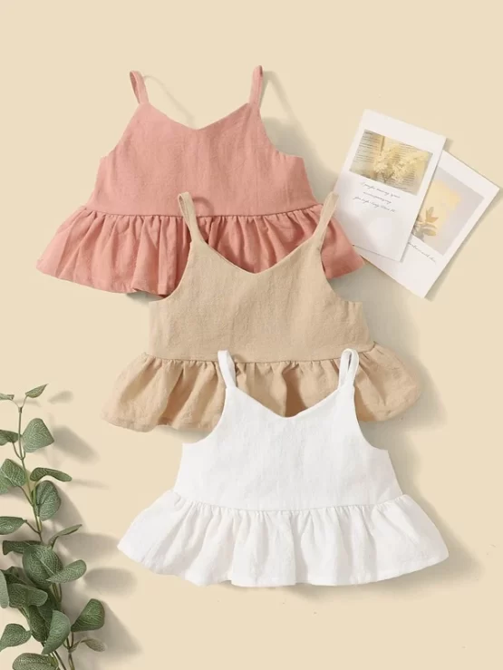 Baby Three Pieces Plain Ruffle Hem Cami Top