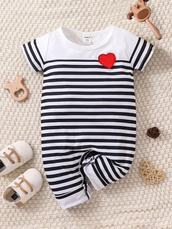 Baby Striped Print Heart Patched Detail Tee Jumpsuit