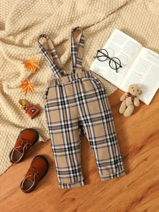 Baby Casual Plaid Print Suspender Pocket Pants