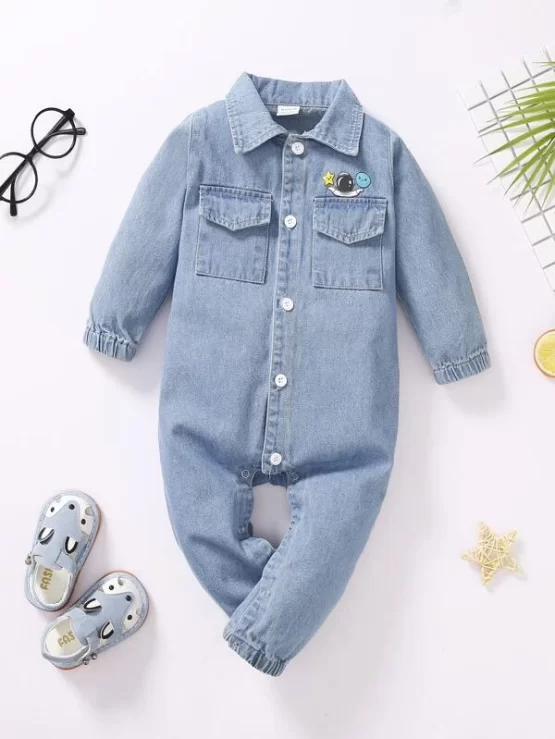Baby Cartoon Flap Pocket Denim Graphic Jumpsuit