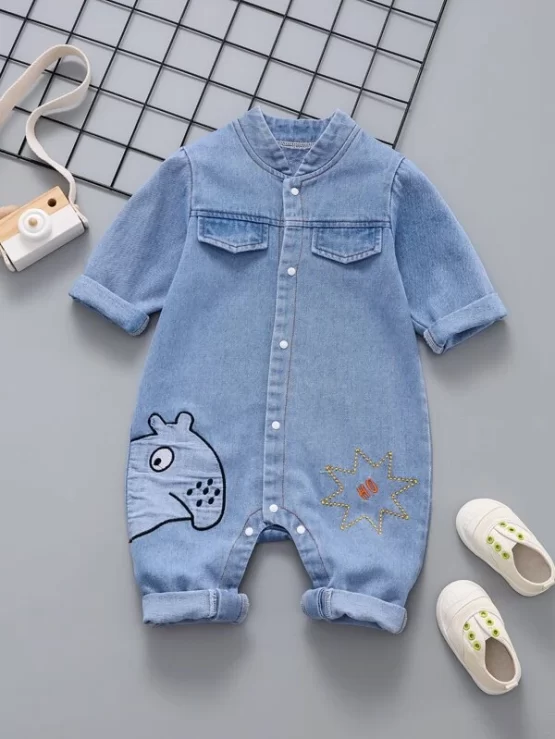 Baby Boy Cartoon Embroidery Flap Detail Denim Sleeve Jumpsuit