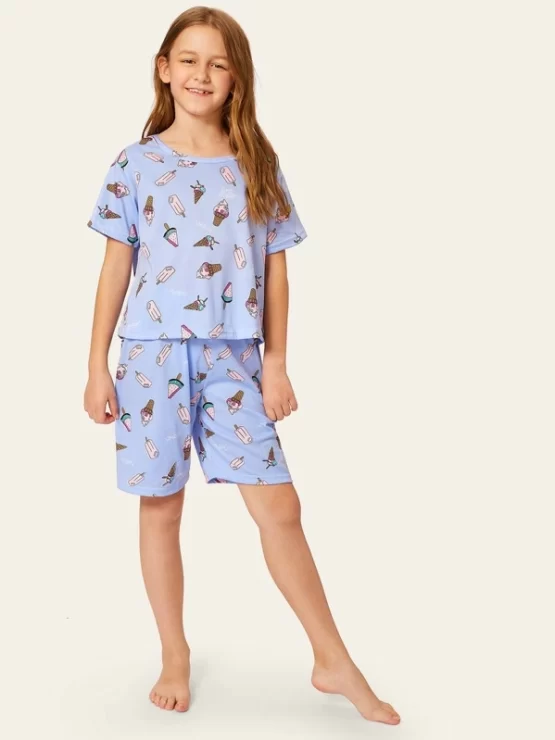Girls All Over Cartoon Ice Cream Print Pj Set - Image 3