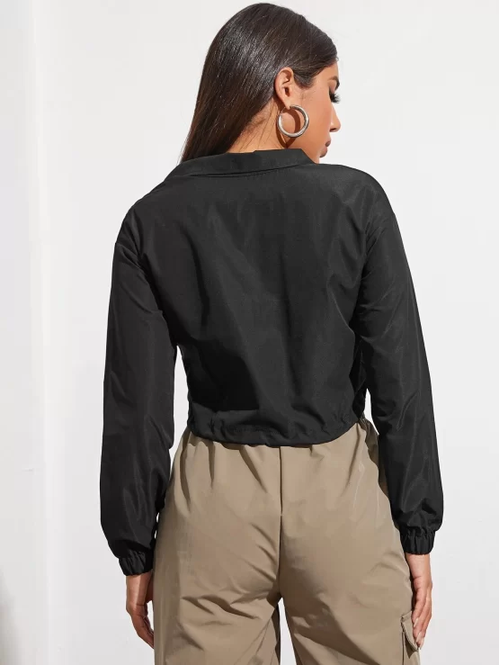 Zipper Half Placket Drawstring Hem Wind Crop Jacket - Image 3