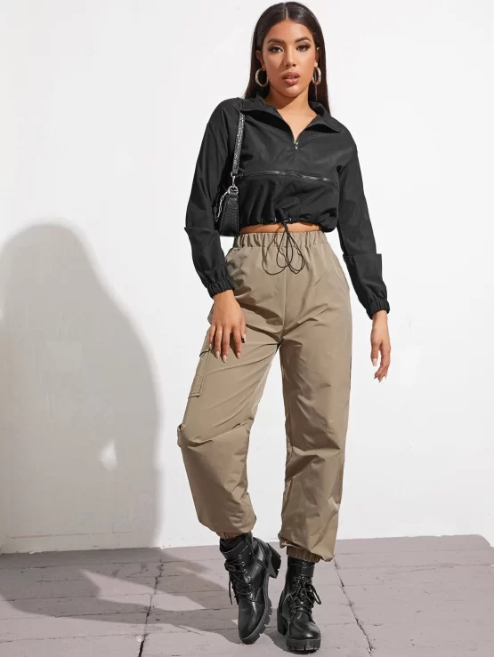 Zipper Half Placket Drawstring Hem Wind Crop Jacket - Image 2