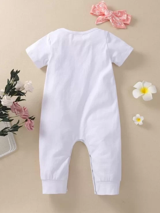 Baby Girl Floral & Letter Graphic Tee Jumpsuit With Headband - Image 2
