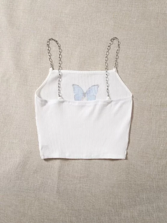 Chain Rib Knit Detail Butterfly Print Cami Top - Image 2