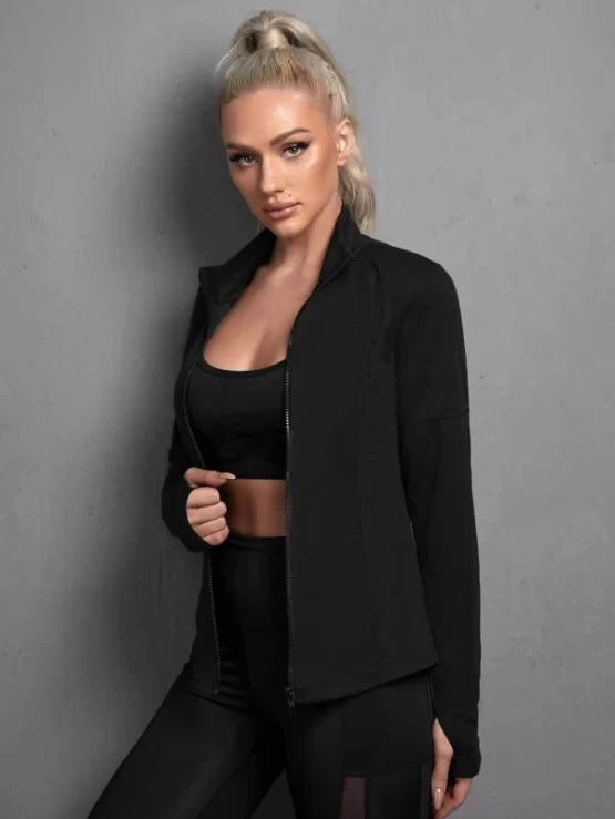 Solid Zip Up Sports Jacket With Thumb Holes - Image 2