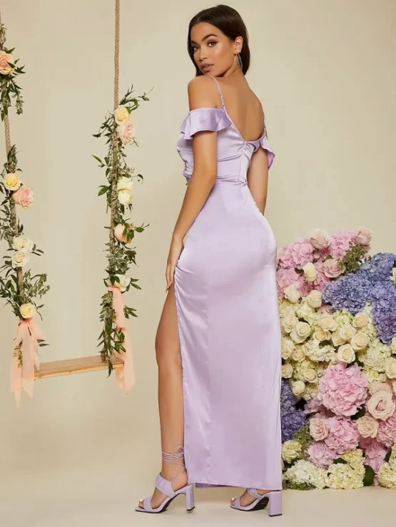 Cold Shoulder Ruched Slit Thigh Satin Bridesmaid Prom Dress - Image 2