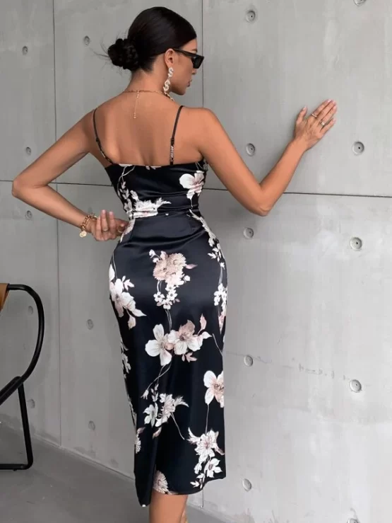 Floral Print Drape Neck Split Thigh Satin Dress - Image 2
