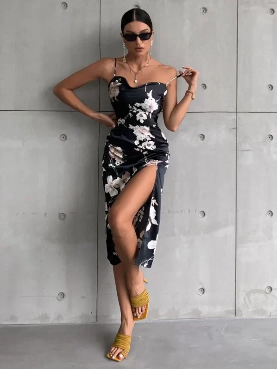 Floral Print Drape Neck Split Thigh Satin Dress - Image 3