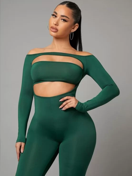 Off Shoulder Plain Cut Out Skinny Jumpsuit - Image 2