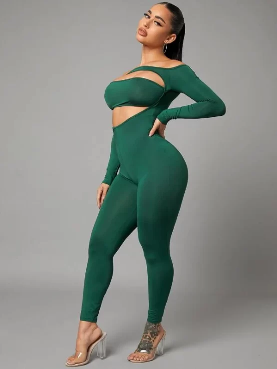 Off Shoulder Plain Cut Out Skinny Jumpsuit - Image 3