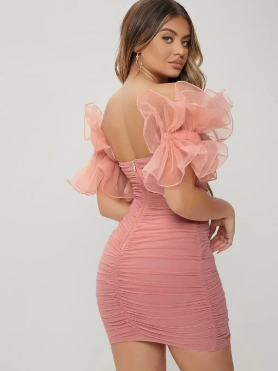 Organza Ruffle Off Shoulder Bustier Mesh Overlay Bodycon Dress - Image 4