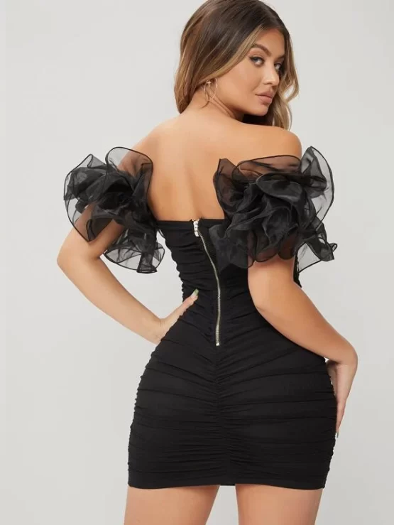 Organza Ruffle Off Shoulder Bustier Mesh Overlay Bodycon Dress - Image 6