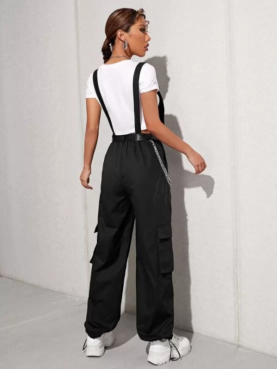 Chain Detail Flap Pocket Buckle Overall Belted Jumpsuit Without Tee - Image 2